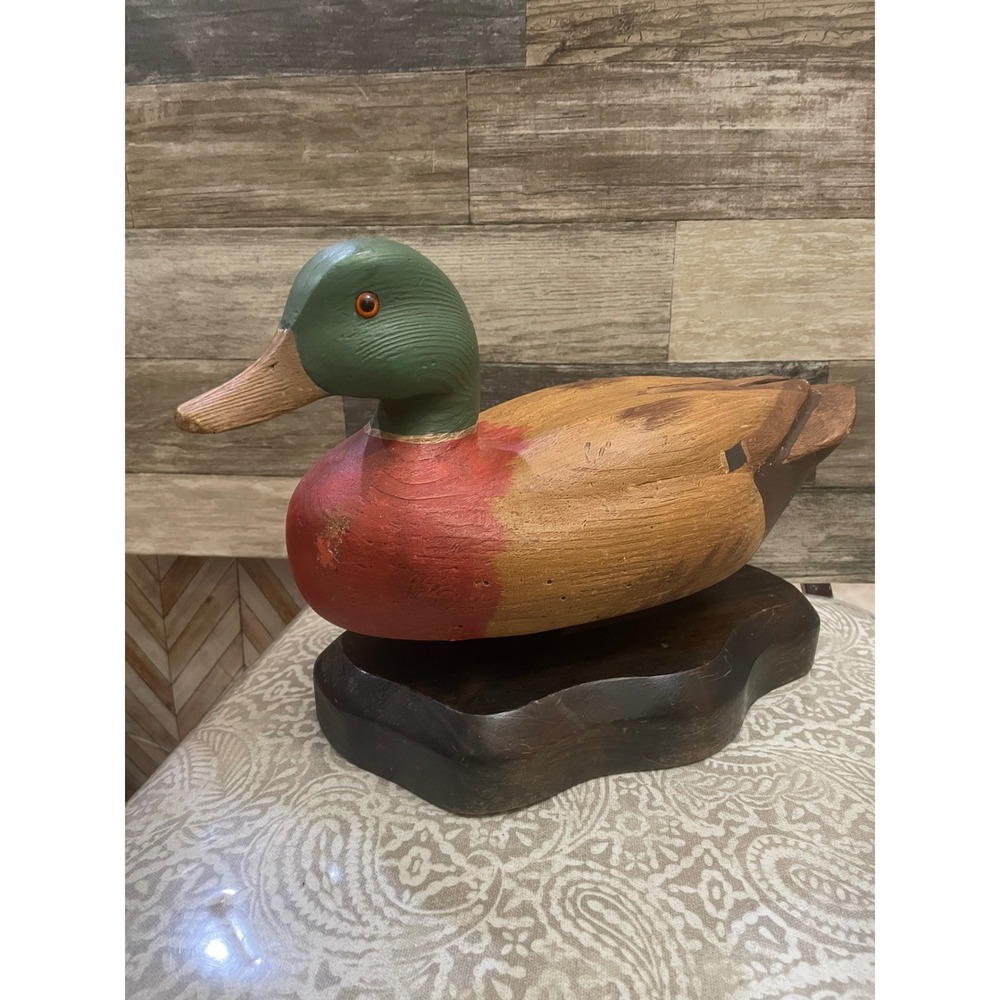Vintage Hand Carved Wooden Duck Decoy Figurine  Mallard Bird on removable Base